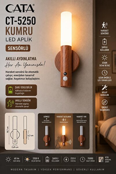 Cata CT-5250 SENSÖRLÜ ŞARJLI DUVAR APLİĞİ AHŞAP