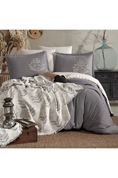 Clasy 100% Cotton Double Muslin Covered Duvet Cover Set Loreva V4 Gray
