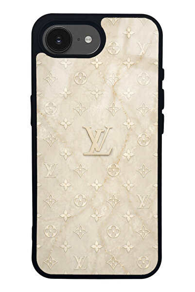 Spoyi iPhone 16E Krem Gold LV Tasarımlı Glossy Telefon Kılıfı