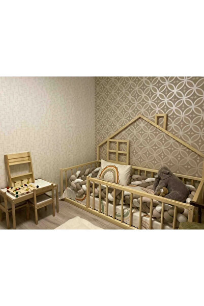BRK Design BA AHŞAP Doğal Ahşap Çatı Baca Pencere Montessori Ayaksız Yatak ÇB...
