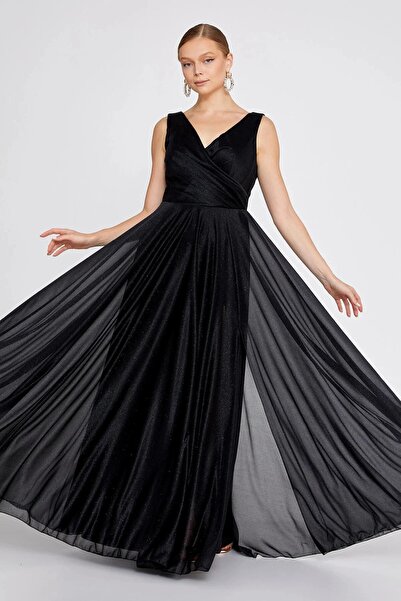 DORİDORCA Women's Plus Size Glitter Detailed Sleeveless Maxi Evening Dress