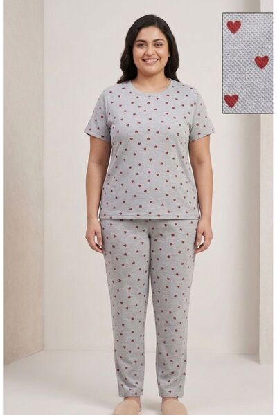 FAMES PİJAMA Summer Short Sleeve Gray Plus Size Pajama Set