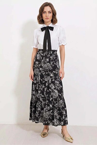 Generic Brand Women's Bow Detailed High Waist Floral Patterned Viscose Black ...