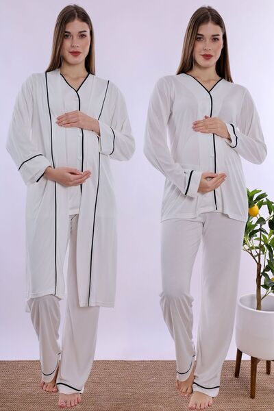 ByLohusa Soft Textured Cotton Maternity Pajama Set with Robe Effortt - Ecru