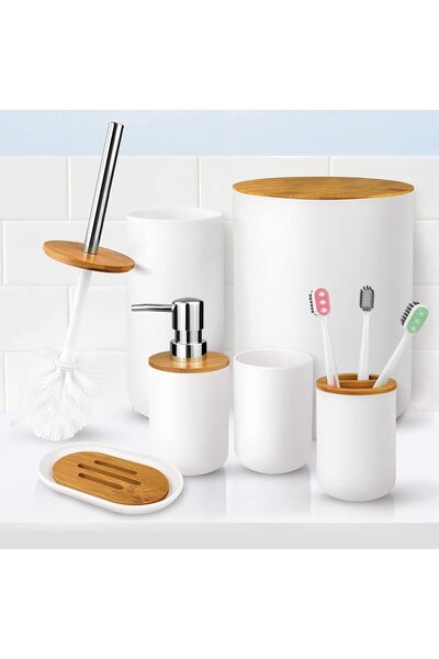 Silly fish 6-Piece Modern Bathroom Accessories Set, Plastic with Bamboo Accen...