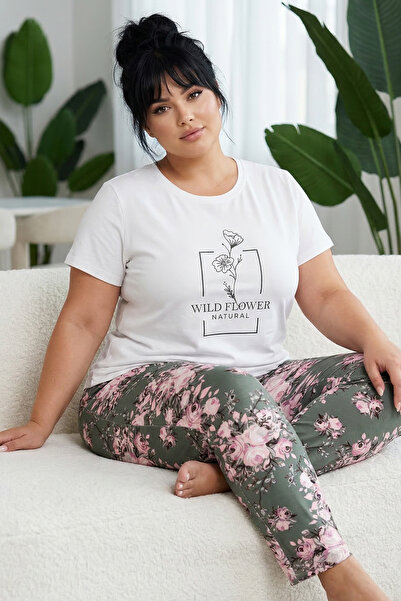 Siyah İnci Patterned Cotton Plus Size Oversized Knitted Pajama Set