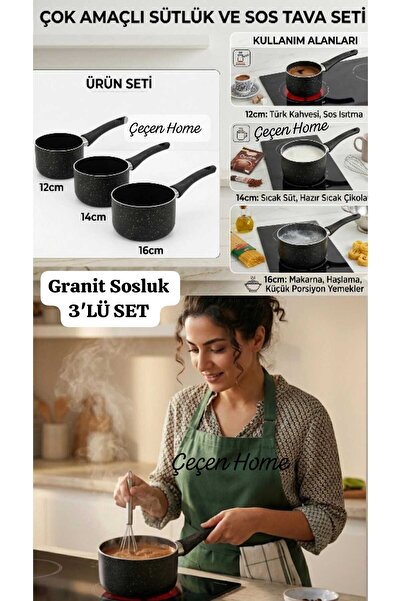 ÇEÇEN HOME 3-Piece Multi-Purpose Granite Milk Pot, Sauce Pan Set, 12 cm -14 c...