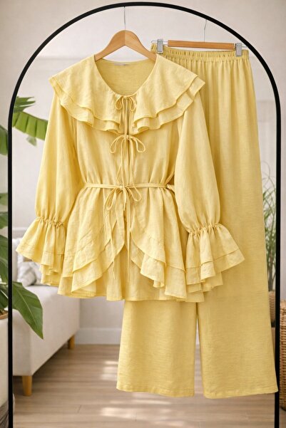 KEVRA Ruffled Linen Look Double Set with Tie Detail