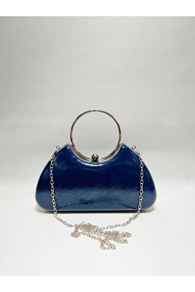 womenacs Navy Blue Color Rustic Material Design Evening Dress Clutch with Cha...