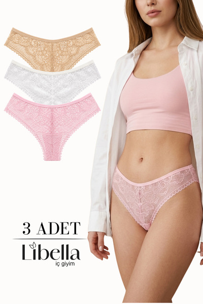 LİBELLA İÇ GİYİM New Season Premium Full Lace Brazilian Panties Nude White Po...