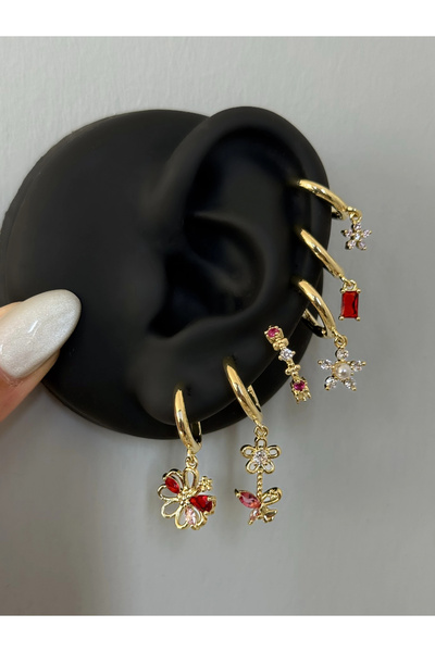 h&b design jewel Çelik Kırmızı Çiçek Detay 6 Lı Küpe Seti