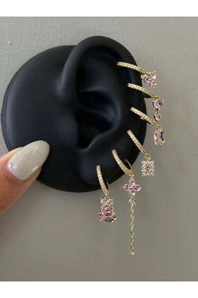 h&b design jewel Steel Pink Flower Detail 6-Piece Earring Set