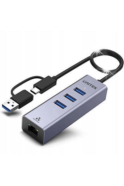 Unitek Hub USB C 4 în 1 Gigabit Ethernet 1000 Mbps 3xUSB 5 Gbps adaptor USB A