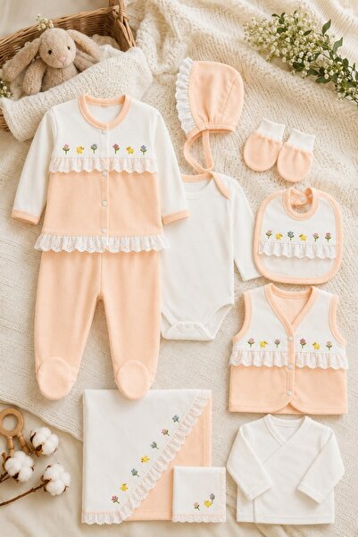 Pure Boutique Set nou nascut fetita 10 piese 100% bumbac, piersica, paturica,...