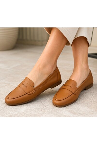 NP.22204.TABA.DERİ Napa Shoe Kadın Taba Loafer Babet Günlük Konforlu Düz Taban Ayakkabı