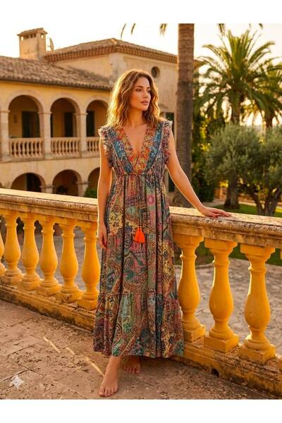 moda gk Shiny Patterned Bohemian Imported Silk Dress with Bead/Embroidery Detail