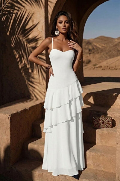 Vavelsa Thin Straps, Backless, Layered, Ruffled Long Dress