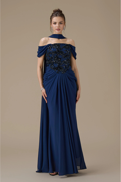 mivora Long Evening Dress Navy Blue Drapé Color