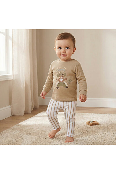 Juniors Cotton Round Neck Long Sleeves Pyjama Set with Bear Print