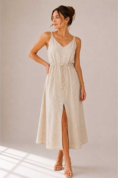 Benedetto New Season Summer Linen Strap Waist Tie Slit Detailed Casual Midi W...