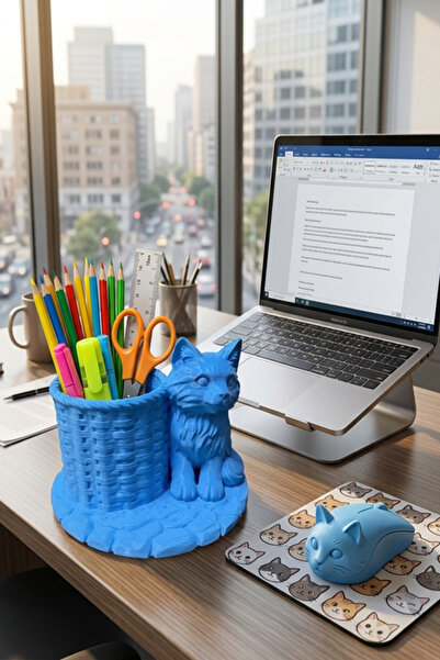 Küp Atölye Cat Pen Holder and Makeup Brush Organizer with Basket