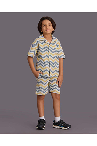 REDTAG Boys Yellow Jacquard Shirt & Short Casual Set