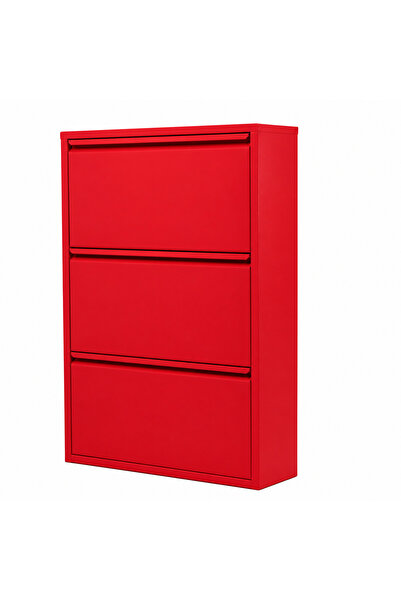 Alveon Schuhschrank aus Metall mit 3 schmalen Klapptüren, 51 x 15 x 108 cm, rot