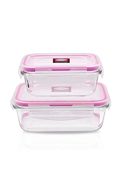 Feelings Glass Storage Food Container 2Pcs 600+400ml With Pink Silicone Lid C...