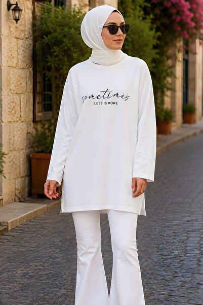 İmajButik White Crew Neck Printed Single Jersey Tunic