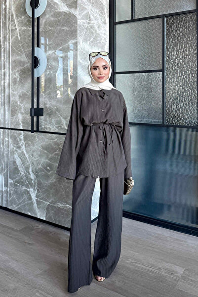 İmajButik Brown Waist-Tie Shirt and Trousers Set