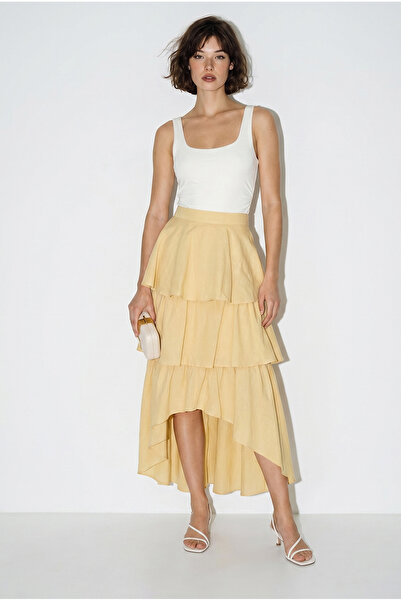 Bianco Lucci Women's 100% Cotton Layered Asymmetrical Midi Skirt with Flywhee...
