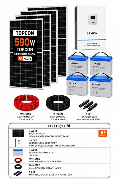 Lexron 4x590w Güneş Paneli + 3kva 3000w Mppt + 4x105ah Jel Akü Solar Enerji P...