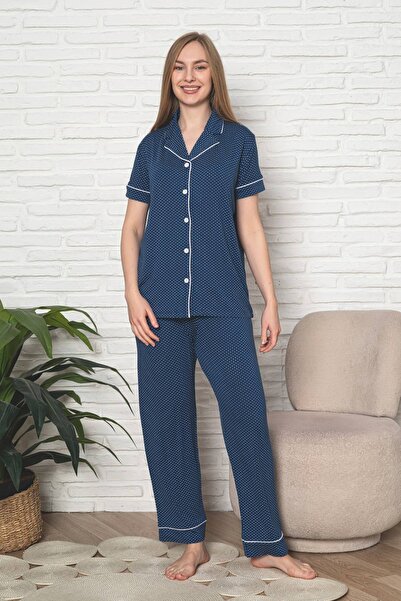 ALİMER Women's Pajama Set - Indigo Polka Dot Front Buttoned Short Sleeve Lycr...