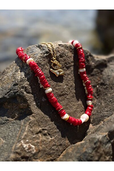 LİNYA JEWELLERY Barok İncili Silindir Kırmızı Mercan Doğal Taş Kolye
