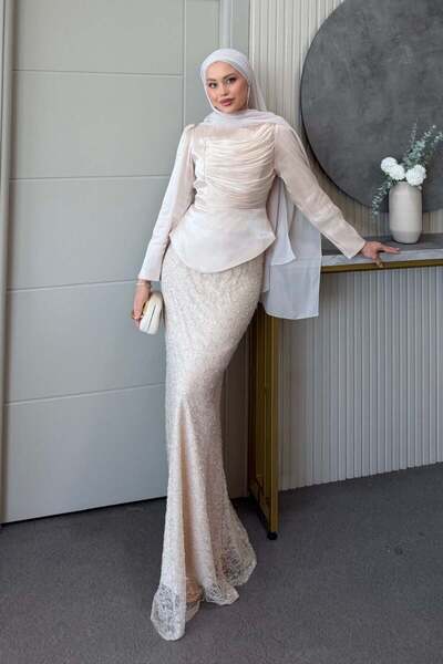 Şulemoda Giyim Lavinya Two-Piece Evening Dress Beige