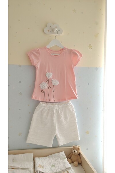 DOLCE KİDS Heart Embroidered Branch Detailed Girls' Summer Set with Double Sh...
