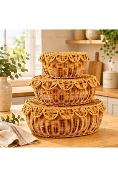 Coşev 3LÜ OVAL KAPAKLI RATTAN SEPET