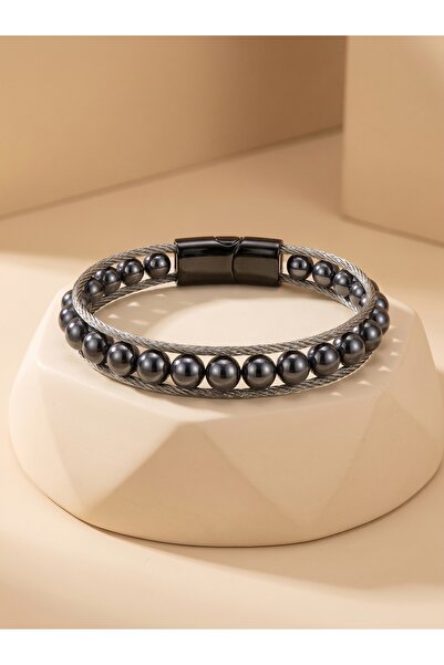 Parmas Design Hematite Natural Stone Steel Rope Braided Men's Gift Bracelet 0...