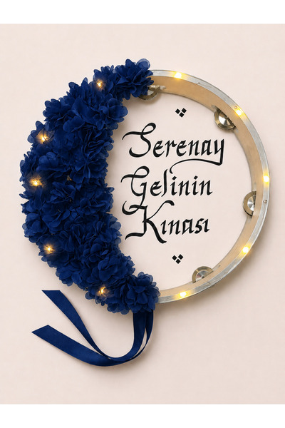 ELYNA Lacivert Ledli Şeffaf Gelin Tefi, Çiçekli 32 cm, Kına Düğün Sünnet Düğü...