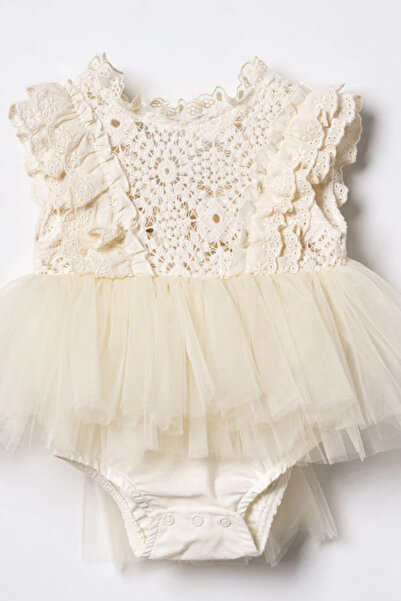 NOBLEKIDS Baby Girl Guipure Lace and Tulle Detailed Jumpsuit Dress Ecru
