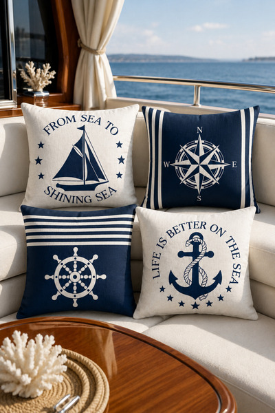 Bebişim Halı Navy Blue White Sailor Marine Set of 4 Decorative Throw Pillow C...