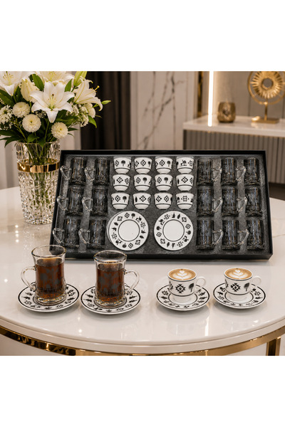 Lavera Luxury 36 Pieces Glass and Ceramic Cup and Saucer Set - Black