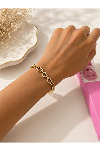 Lilith Takı 💖   Heart Detailed Stone-Studded Gold Chain Bracelet – Sparkling...