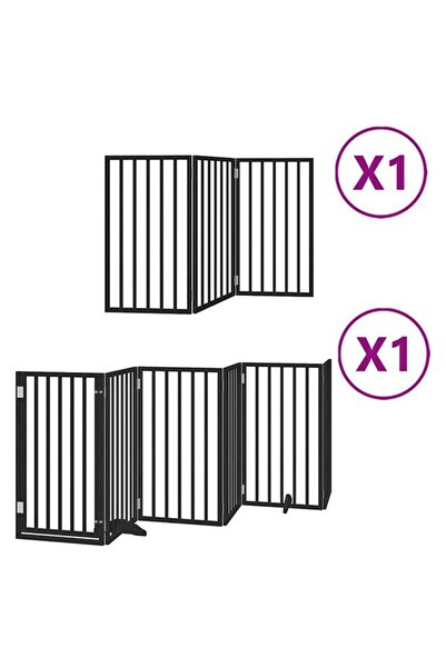 vidaxl Barieră pliabilă pentru câini cu ușă, 9 panouri, neagră, 450 cm, lemn ...