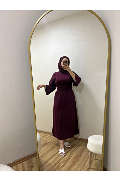 BNGL Boutique Penye büzgülü bele oturan bluz ve penye etek takım bordo renk