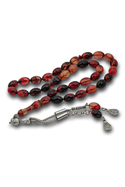 Gumush Black and Fire-Toned Crimped Amber Prayer Beads with Metal Tassels