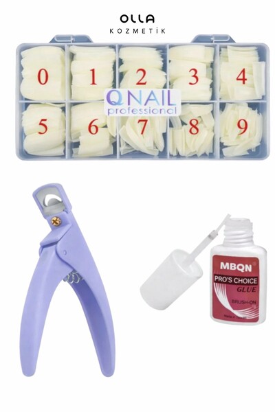 OLLA KOZMETİK Protez Tırnak 500'lü Kemik Tips - Tips Makası ve Yapıştırıcı M2...