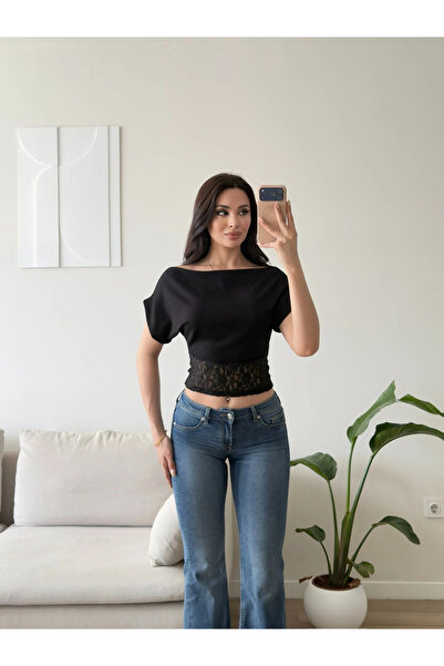 Zoom Butik Eteği Güpür Kayık Yaka Bluz - SİYAH