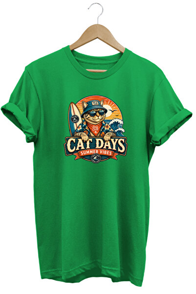 remonz Cat Days Summer Vibes Unisex Βαμβακερό μπλουζάκι με στάμπα γάτας και κ...