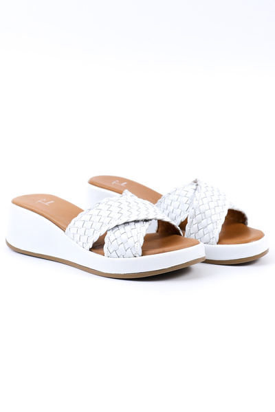 Tuna Genuine Leather White Knitted Wedge Heel Women's Slippers - Z26229-2